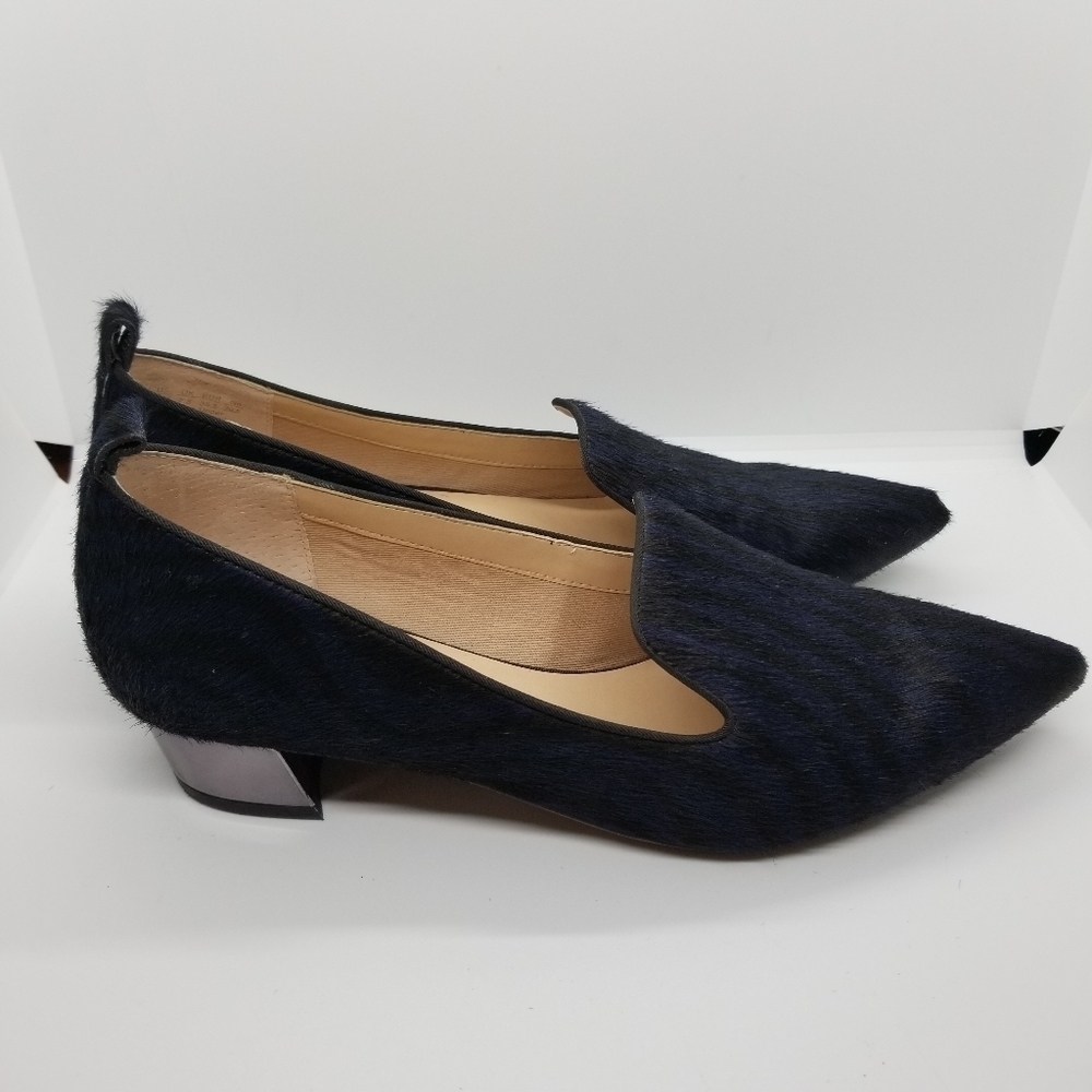 Franco Sarto Vianna black and navy zebra calf hair loafers US 9.5